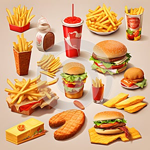 Big group of fast food products.Fast food 3d realistic render vector icon set.GenerativeAI.
