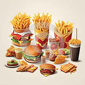 Big group of fast food products.Fast food 3d realistic render vector icon set.GenerativeAI.