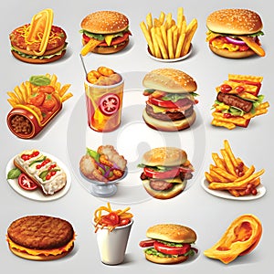 Big group of fast food products.Fast food 3d realistic render vector icon set.GenerativeAI.