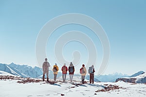 Big group hikers tourists friends mountain pass or top