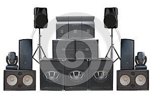 Big group of old industrial powerful stage sound speakers isolated over white