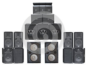 Big group of old industrial powerful stage sound speakers isolated over white