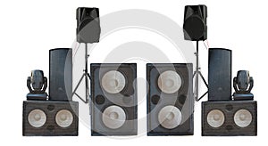 Big group of old industrial powerful stage sound speakers isolated over white