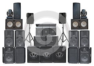 Big group of old industrial powerful stage sound speakers isolated over white