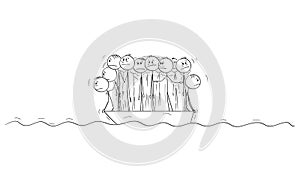 Big Group of People or Businessmen Standing Helplessly on Small Lifeboat. Vector Cartoon Stick Figure Illustration