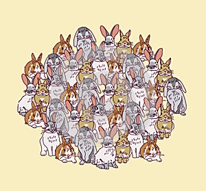 Big group rabbits pets animal round composition