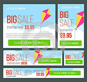 Big, half price and one day sale banners. Vector