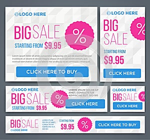 Big, half price and one day sale banners. Vector