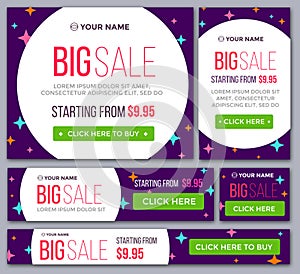 Big, half price and one day sale banners. Vector