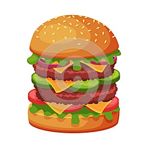 Big Hamburger with Cheese, Lettuce, Meat Patties and Bun with Sesame Seeds, Fast Food Meal Vector Illustration