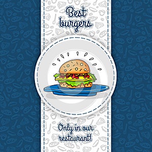 Big hamburger with cheese, sauce, two burgers, lettuce, lying on big blue plate. Vector work for flyers, menus, packaging.