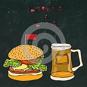 Big Hamburger or Cheeseburger and Beer Mug or Pint. Burger Lettering. Isolated on a Black Chalkboard Background