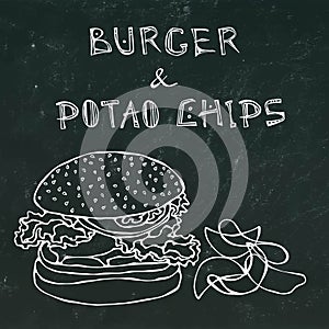Big Hamburger or Cheeseburger, Beer Mug or Pint and Potato Chips. Burger Logo. Isolated on a Black Chalkboard Background