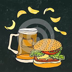 Big Hamburger or Cheeseburger, Beer Mug or Pint and Potato Chips. Burger Logo. Isolated On a White Background. Realistic