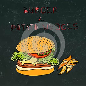 Big Hamburger or Cheeseburger with Potato Wedges. Burger Lettering. Isolated on a Black Chalkboard Background. Realistic