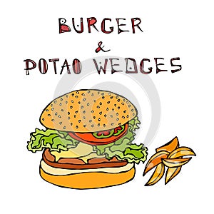 Big Hamburger or Cheeseburger with Potato Wedges. Burger Lettering. Isolated On a White Background. Realistic Doodle Cartoon Style