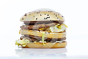 Big hamburger. Delicious junk food and quick snack. White background with reflection