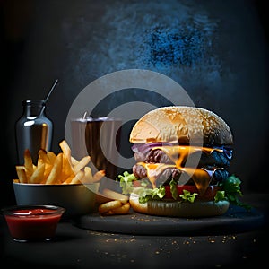 Big hamburger with french fries and ketchup on dark background