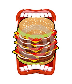 Big hamburger mouth. Strong hunger. Great burger and open mouth.