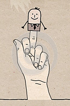 Big hand and cartoon businessman - finger salute