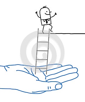 Big hand and cartoon businessman - help and ladder