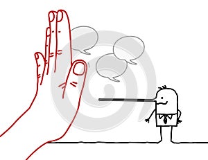 Big Hand with Cartoon Character - Stop Sign Facing a Liar Man with long nose