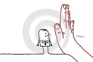 Big Hand with Cartoon Character - Stop Sign Facing a Man
