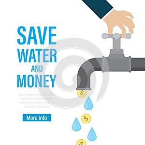 Big hand closes tap with water and coins. Ecology problems concept. Save water and money, landing page template. Irreplaceable