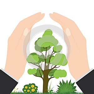 Big hand covering, protecting trees and plants. Conservation of nature, ecological problems concept. Environmental Protection