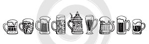 Big hand drawn set of different beer mugs. Black and white vector illustration