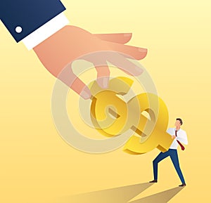 Big hand hold dollar icon with businessman. cheat money vector illustration