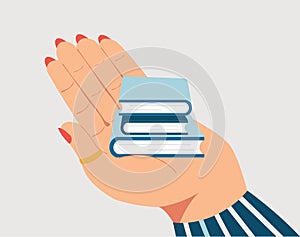 Big hand holding a stack of books. Isolated illustration of world Book Day and international Library Day.