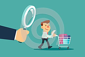 big hand with magnifying glass looking at businessman with shopping cart