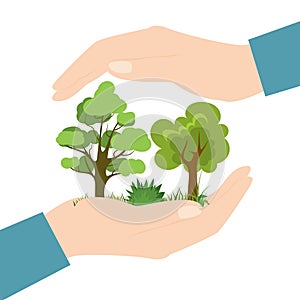 Big hands holding and protect trees, plants, grass. Conservation of nature, ecological problems concept. Environmental Protection