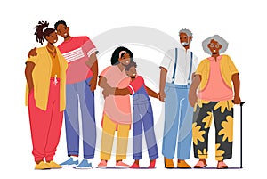 Big Happy African Family Characters Father, Mother, Grandparents and Children Hug, Hold Hands. Loving Parents and Kids