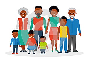 A big happy family. African Americans. Flat style illustration.