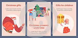 Big Happy Family Celebration Cartoon Posters, Parents and Kids Open Gifts, Celebrate Eve at Home near Christmas Tree