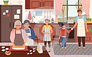 Big happy family cooking time. Parents, children and grandmother together cook food, detailed kitchen interior with