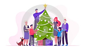 Big Happy Family Decorate Christmas Tree Together Prepare for Winter Holidays Celebration Hanging Balls