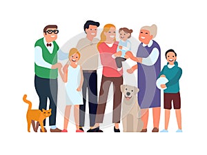 Big happy family. Relatives group portrait in full growth, parents, grandparents, children and a pets, teenages and