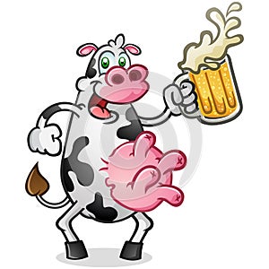 A big happy moo cow cartoon character drinking a big cold frothy mug of beer