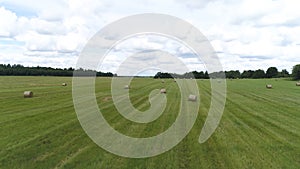 Big hay bale rolls on a green field with blue sky and clouds on the background. Shot. Rural landscape with mowed grass