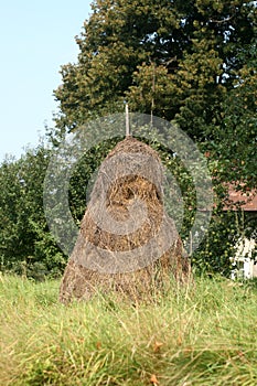 Big haystack. The countryside. Grass and trees.