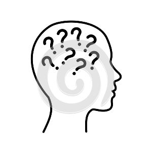 Big head with question marks inside brain icon Ã¢â¬â vector