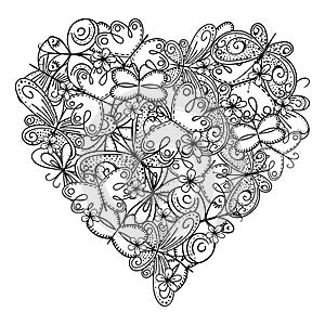 Big heart of butterflies for coloring book. Mothers day holidays design. Valentines day heart. Hand-drawn decorative elements.