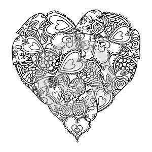 Big heart of little hearts with floral decoration for coloring book. Mothers day holidays design. Valentines day heart. Hand-drawn