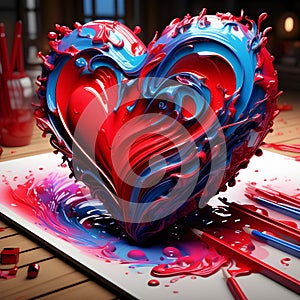 a big heart made of blue and red paint