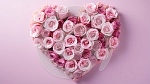 Big heart with pink rose flowers, light background.Valentine's Day banner with space for your own co