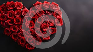 Big heart with red rose flowers, dark background.Valentine\'s Day banner with space for your own co