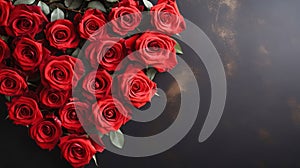 Big heart with red rose flowers, dark background.Valentine's Day banner with space for your own co